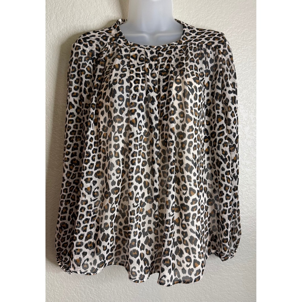 Maeve Small Blouse Brown Leopard Print Sheer‎ Lined Long Sleeve Keyhole Back